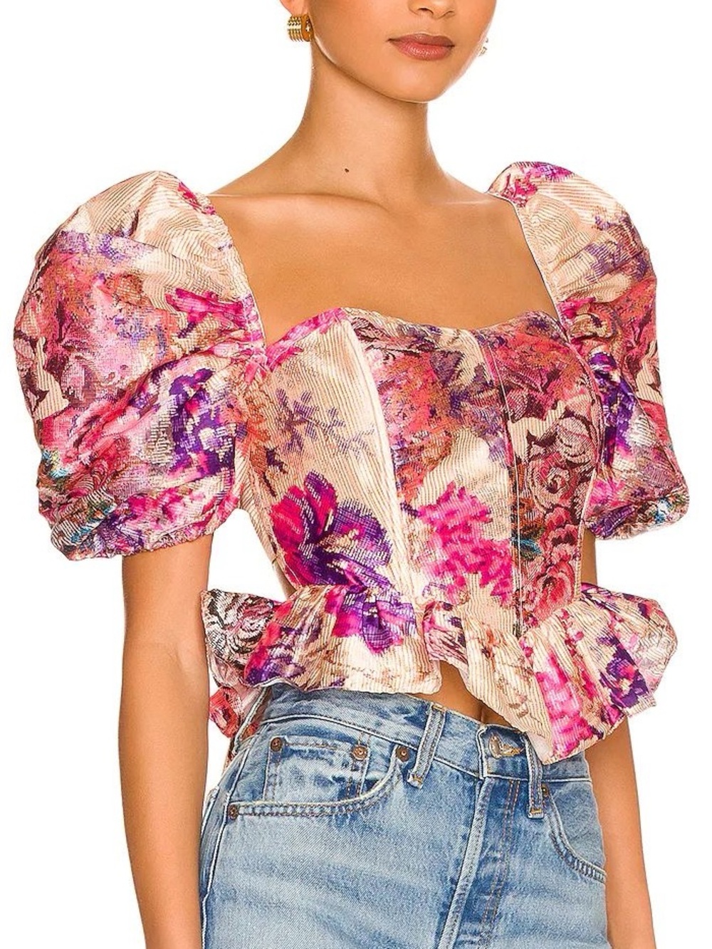 HEMANT & NANDITA Pink Purple Floral Puff-Sleeve Peplum Top
